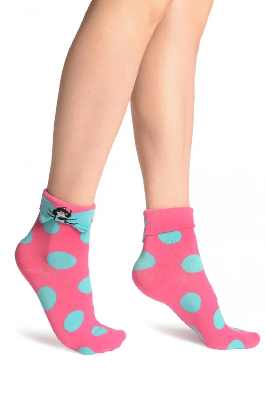 Women's no - show socks with a floral motifLarge Polka Dot With Flip Bow & Kitty Bright Pink Ankle High Cocks