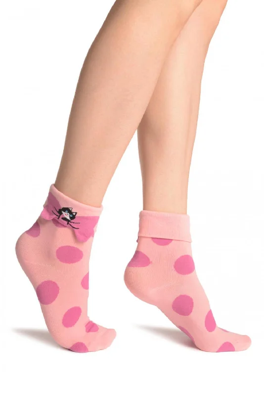 Women's knee - high socks with lace trimLarge Polka Dot With Flip Bow & Kitty Pink Ankle High Cocks