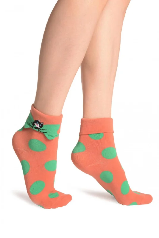 Women's wool - rich socks for winter warmthLarge Polka Dot With Flip Bow & Kitty Terracotta Ankle High Cocks