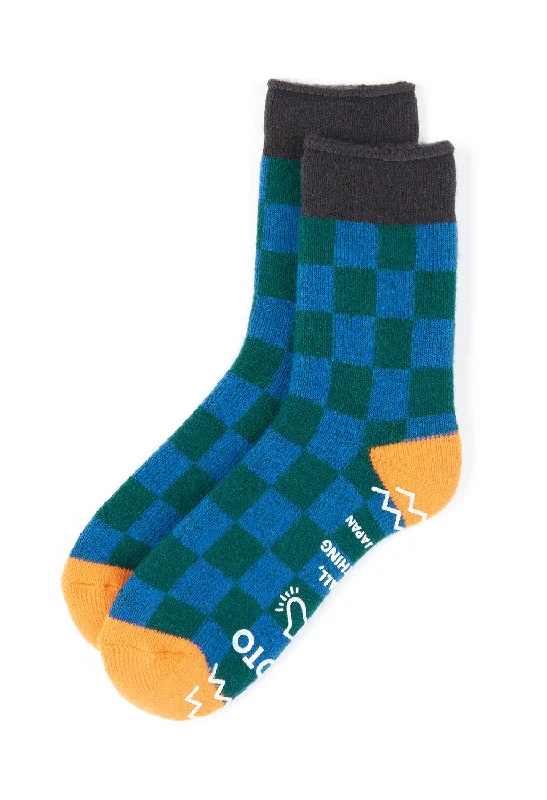 Women's satin - trimmed socks for a touch of eleganceROTOTO Pile Room Checkerboard Socks - Blue / Charcoal / Light Orange