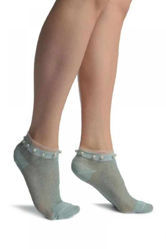 Women's over - the - calf socks with a stripe designPowder Blue With Lurex, Pearls & Frills Top Footsies Socks