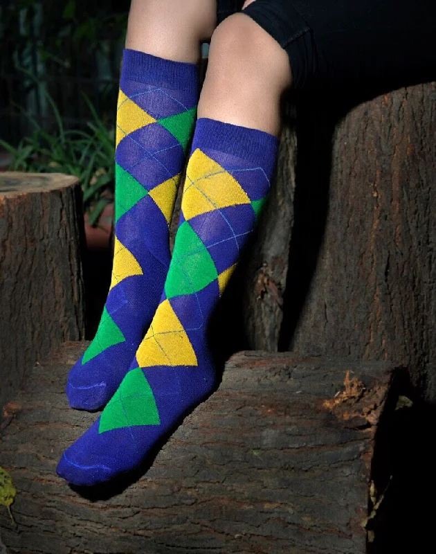 Women's cashmere - blend socks for extra softnessPurple Green Gold Golf Harlequin Print Socks