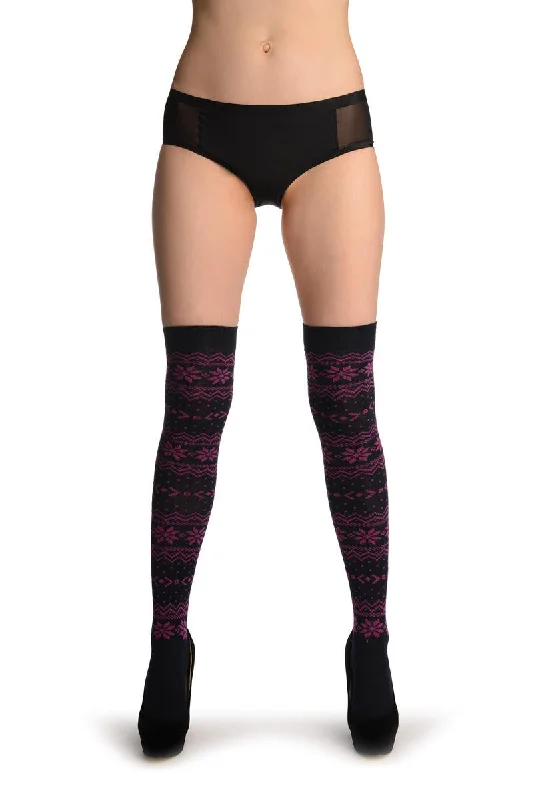 Women's ankle socks with a frilly edgePurple Nordic Stencil On Black