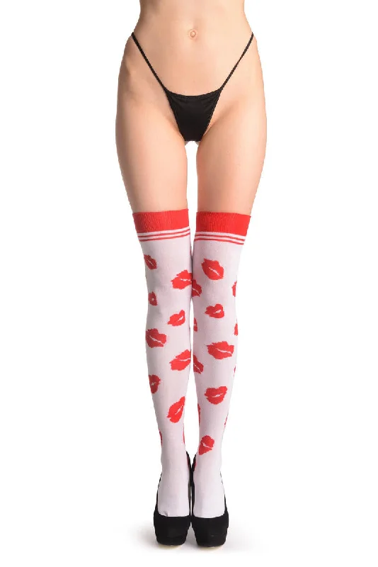 Women's thigh - high socks in a fishnet patternRed Lips On White