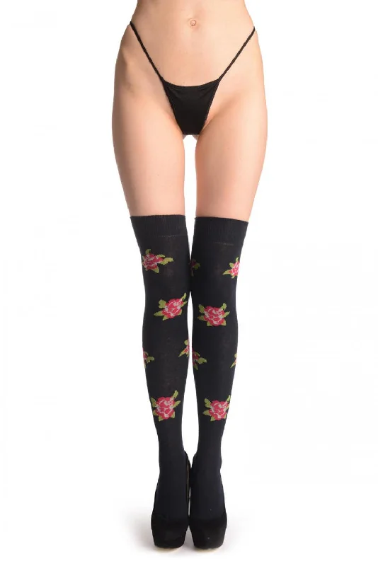 Women's thigh - high socks in a fishnet patternRed With Blue Roses On Black