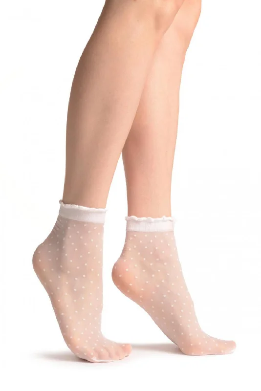 Women's arch - support socks for better comfortSmall Polka Dots And Rounded Trim Top White Socks Ankle High 15 Den