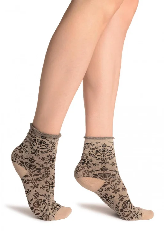 Women's thermal socks for cold weatherVersailles Pattern With Rolling Top on Mocha Ankle High Socks