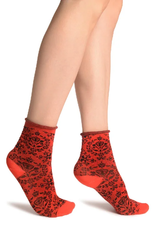 Women's over - the - calf socks with a stripe designVersailles Pattern With Rolling Top on Red Ankle High Socks