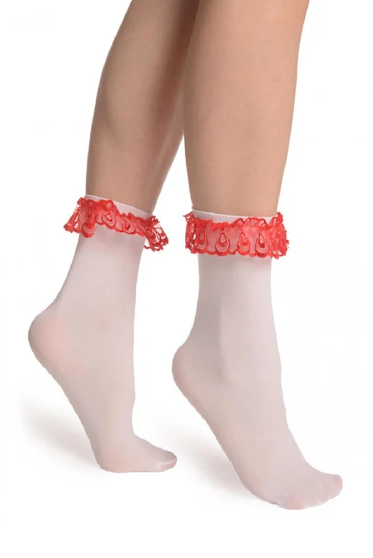 Women's spandex - infused socks for stretchWhite Opaque With Red Lace Ankle Hight Socks 60 Den