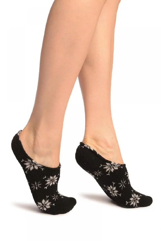 Women's satin - trimmed socks for a touch of eleganceWhite Snowflakes On Black Angora Footies Socks