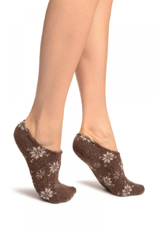 Women's cushioned sole socks for shock absorptionWhite Snowflakes On Brown Angora Footies Socks