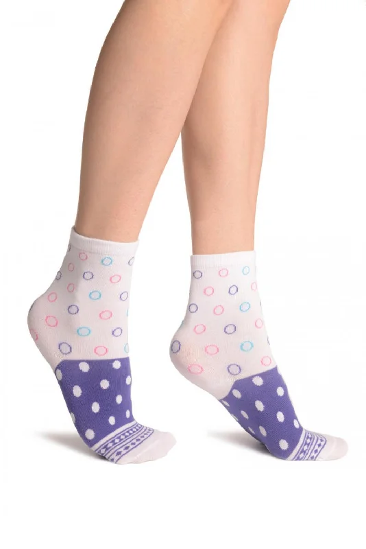 Women's spandex - infused socks for stretchWhite With Wide Purple Dotted Stripe Ankle High Socks